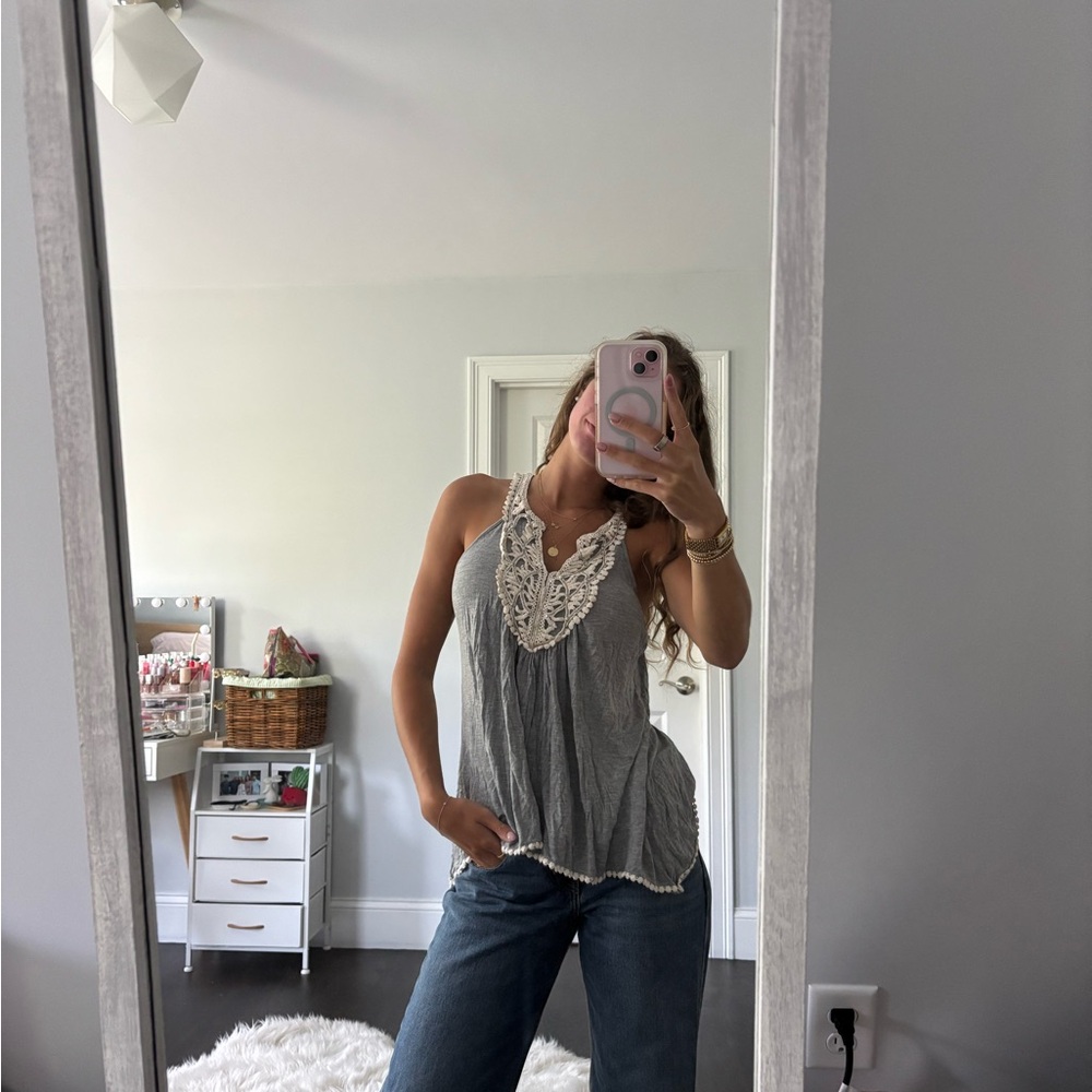 Gray Lace Trim Women's Top